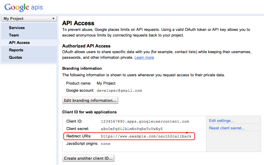 Redirect URI in the APIs Console