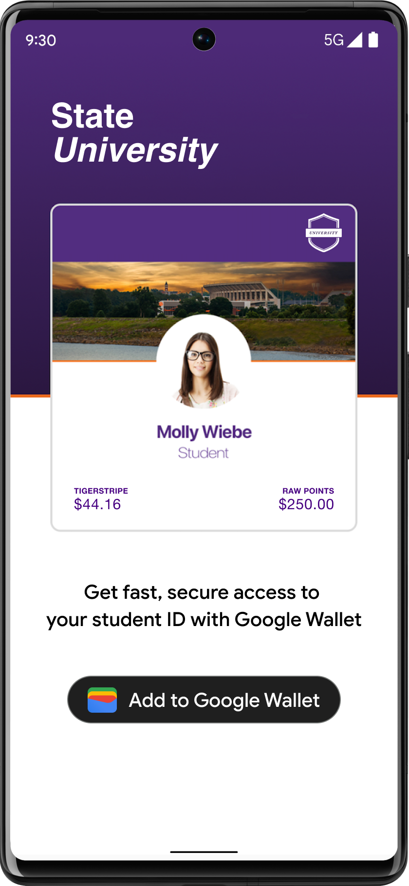 Nút Thêm vào Google Wallet được đặt nổi bật trong ứng dụng tài khoản sinh viên.