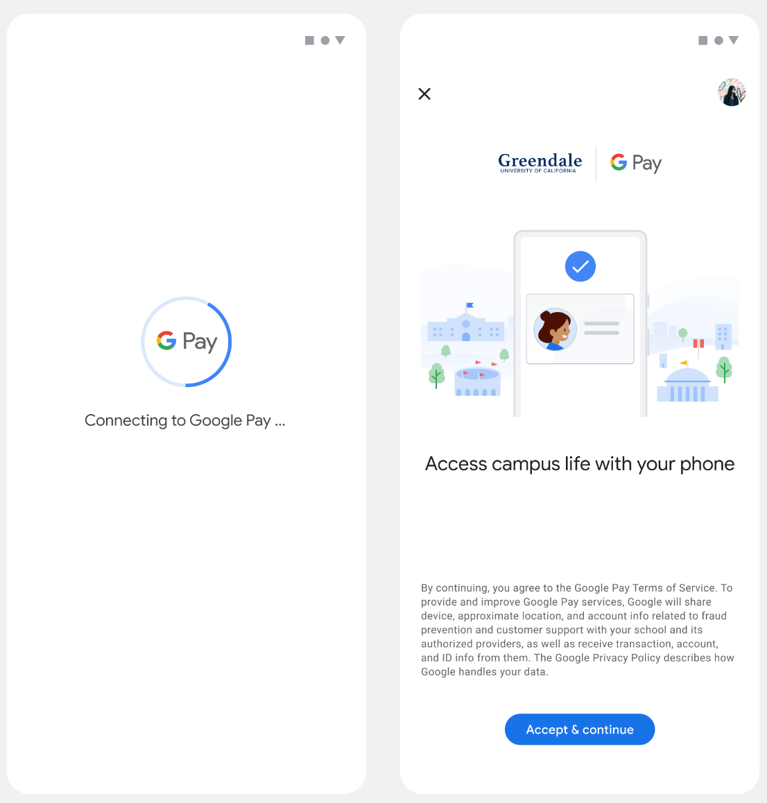 На первом экране приложение подключается к Google Кошельку. На втором экране пользователь принимает Условия использования и продолжает работу.