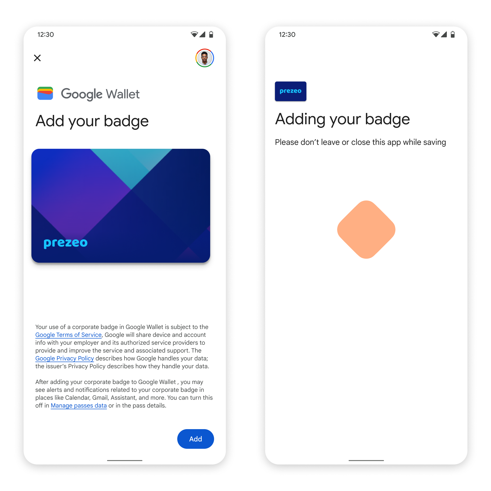 Auf dem ersten Bildschirm stellt die App eine Verbindung zu Google Wallet her. In
       akzeptiert der Nutzer die Nutzungsbedingungen und fährt fort.