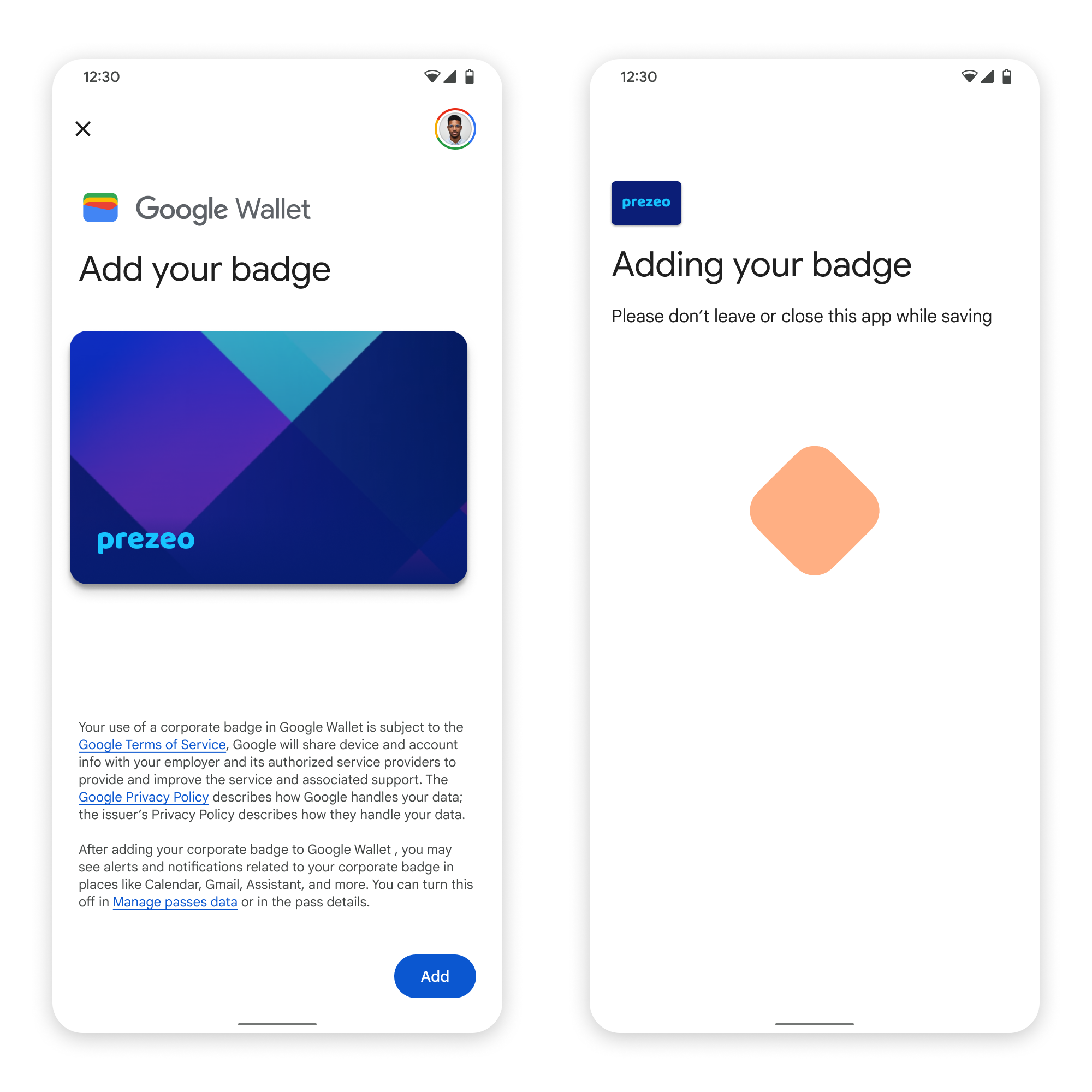 في الشاشة الأولى، يتصل التطبيق بخدمة &quot;محفظة Google&quot;. في
       الشاشة الثانية، يقبل المستخدم بنود الخدمة ويتابع.