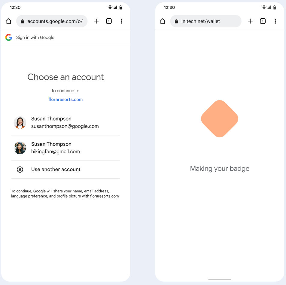 在第一个屏幕中，用户选择要与其企业徽章相关联的 Google 账号。在第二个屏幕中，系统会向用户显示一个加载屏幕。