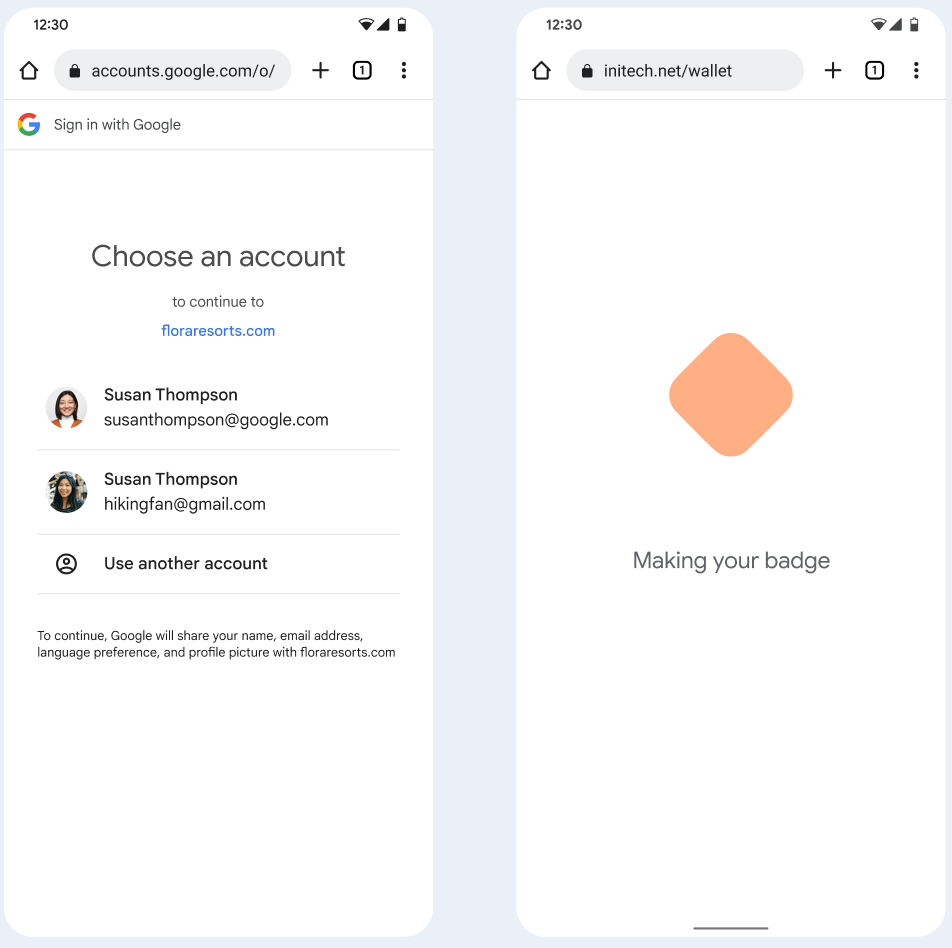 在第一个界面中，用户选择要与公司徽章关联的 Google 账号。在第二个屏幕中，系统会向用户显示加载界面。