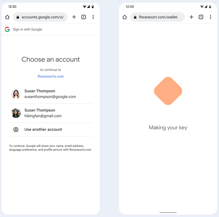Di layar pertama, pengguna memilih Akun Google untuk ditautkan ke
      Kunci Hotel mereka. Di layar kedua, pengguna akan melihat
      layar pemuatan.