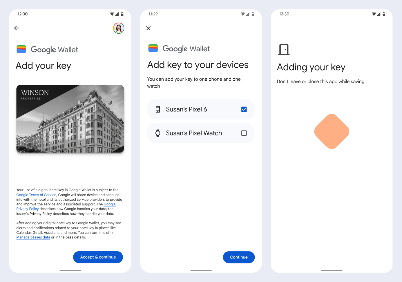 Sur le premier écran, l&#39;application se connecte à Google Wallet. Sur le deuxième écran, l&#39;utilisateur accepte les conditions d&#39;utilisation et poursuit.