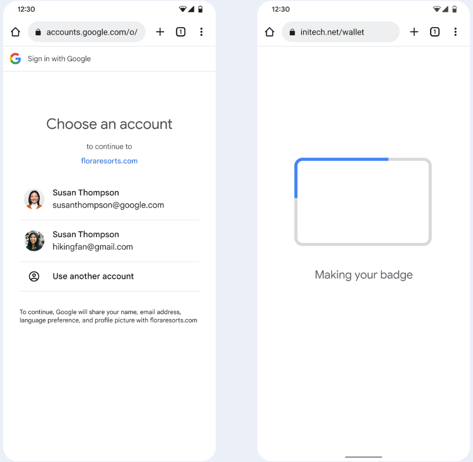 Nella prima schermata, l&#39;utente sceglie un Account Google da collegare a
      il proprio badge aziendale. Nel secondo schermo, all&#39;utente viene mostrato
      schermata di caricamento.