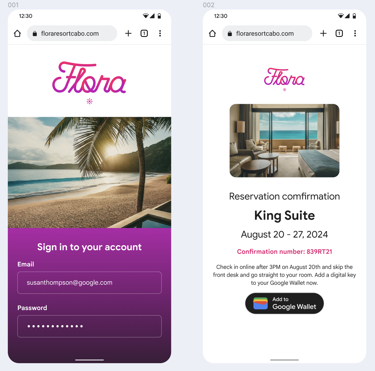 在第一个界面中，用户登录网站。在第二个界面中，用户查看并选择“添加到 Google 钱包”按钮。