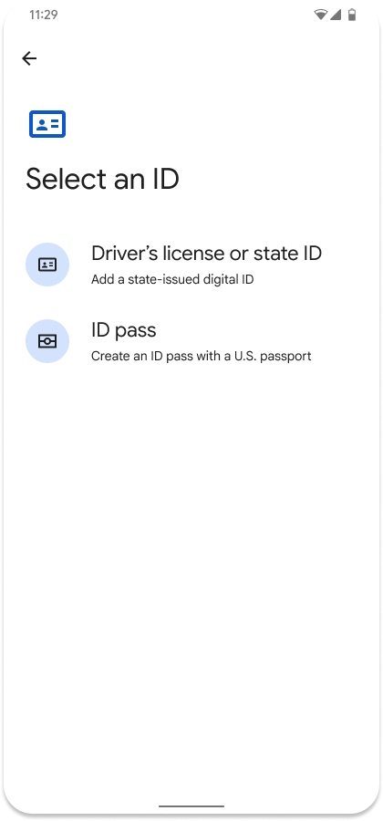 O usuário é direcionado para a Carteira do Google para receber um documento de identificação digital.