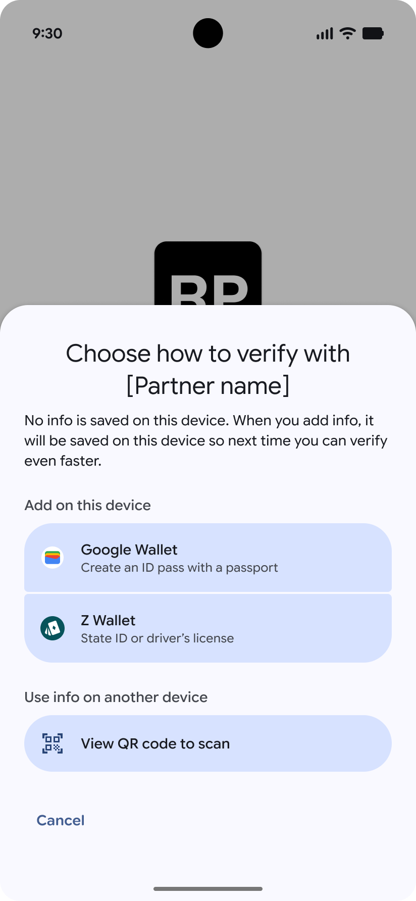 L'utente visualizza l'opzione per selezionare un portafoglio a cui aggiungere un documento di identità digitale