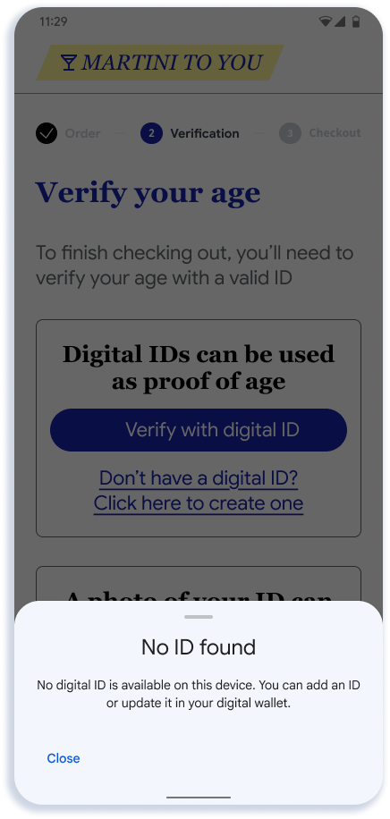 Um erro é mostrado ao usuário se ele não tiver um documento de identificação digital