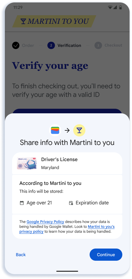 Pengguna melihat halaman konfirmasi di Google Wallet