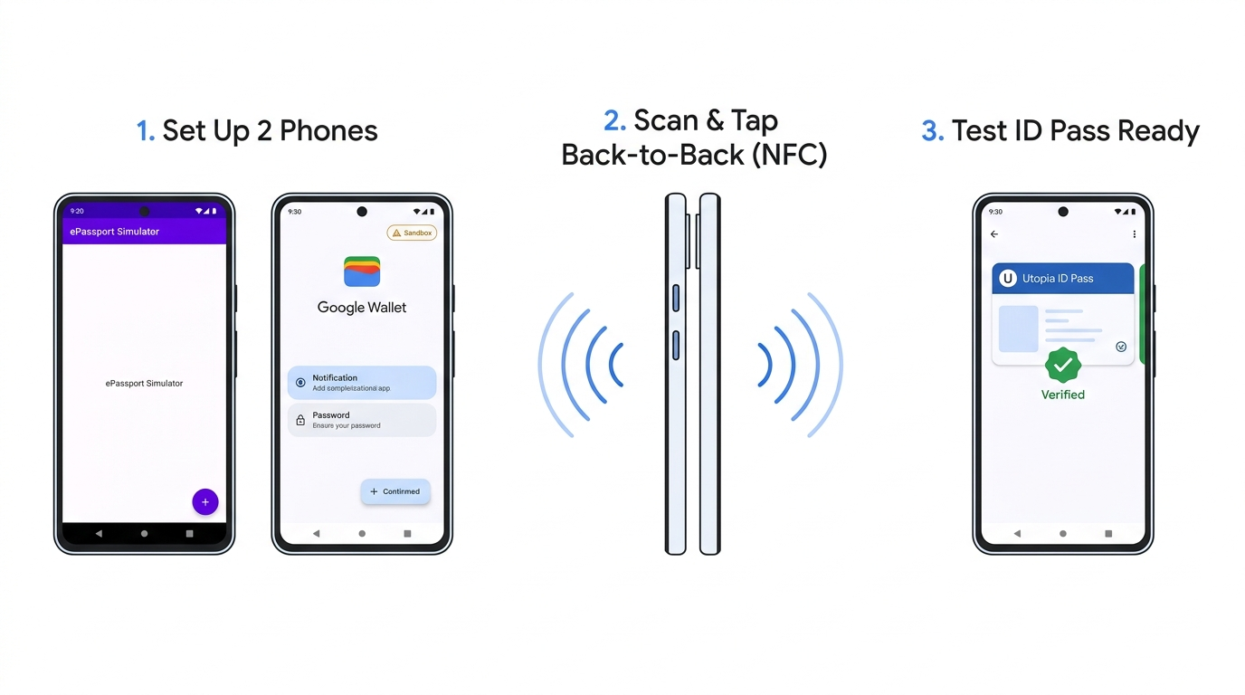فرایند سهمرحلهای بااستفاده از دو تلفن Android با NFC برای افزودن شناسه دیجیتال آزمایشی Utopia به «کیف پول Google»