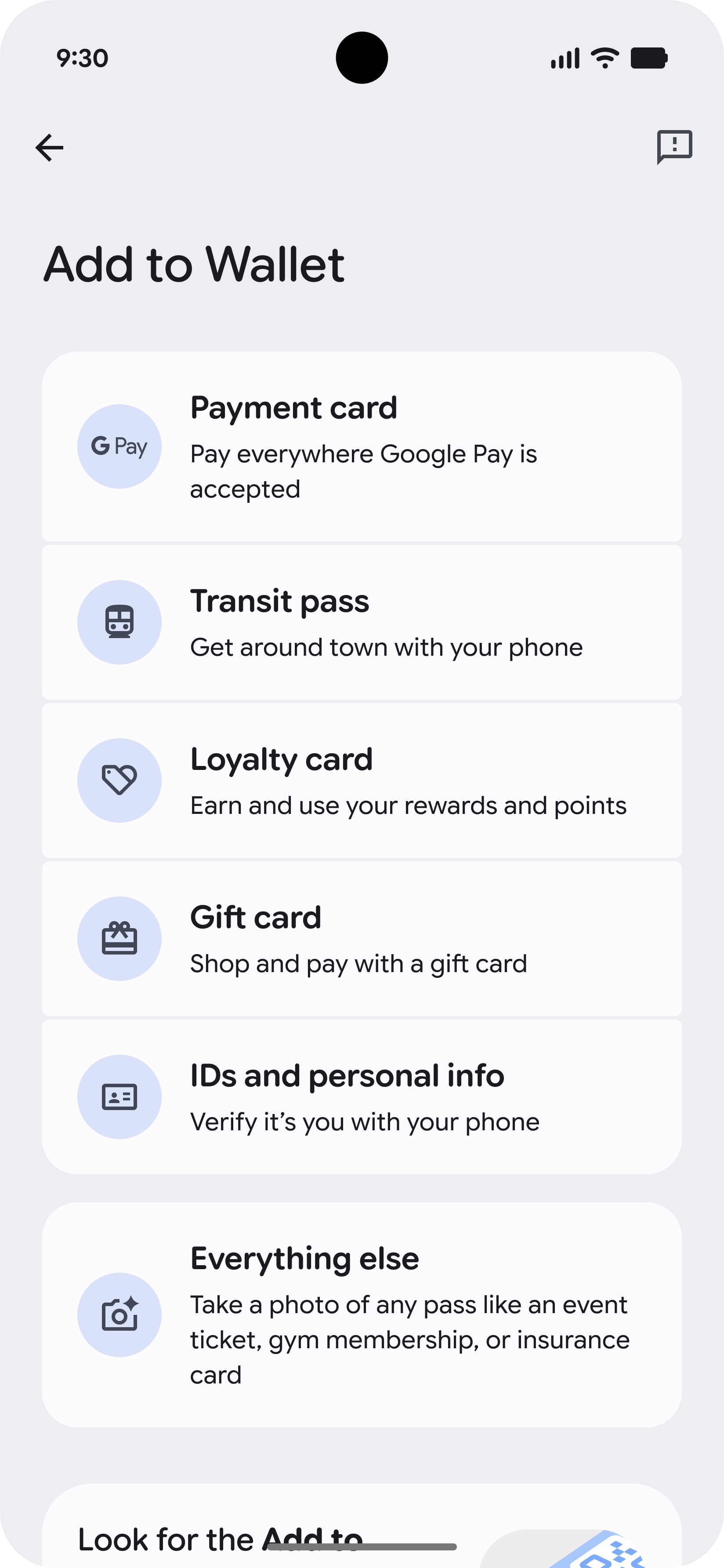 The Add to Wallet screen in the Google Wallet app.