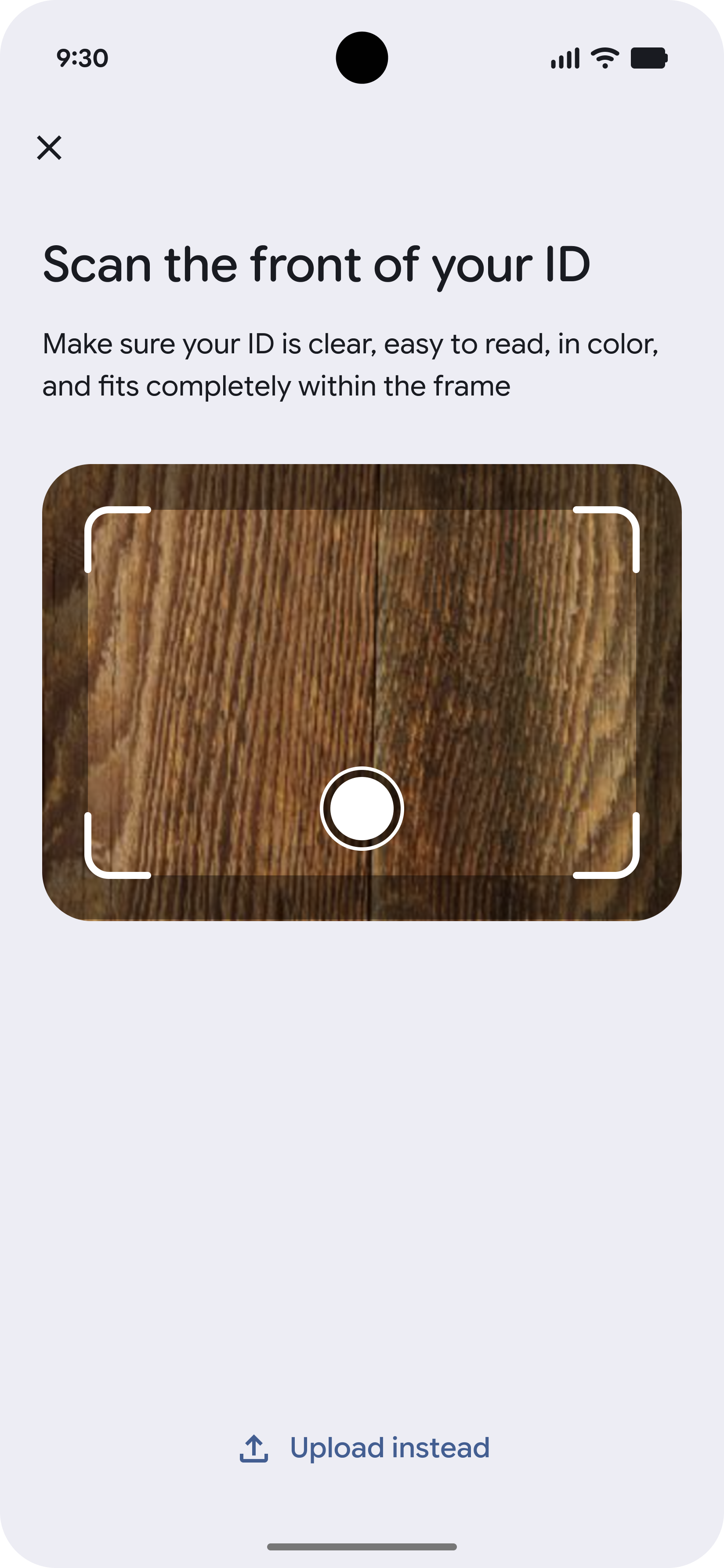 A camera screen to capture the front of the user's ID.