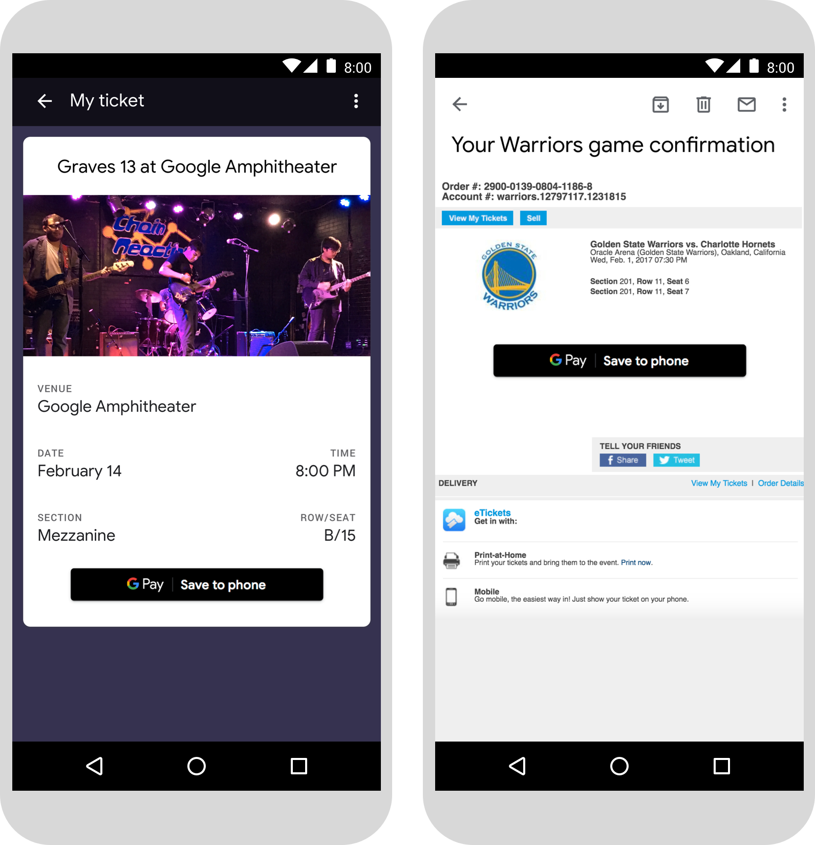 Примеры веб-страниц на смартфоне с кнопкой "Сохранить в Google Pay"