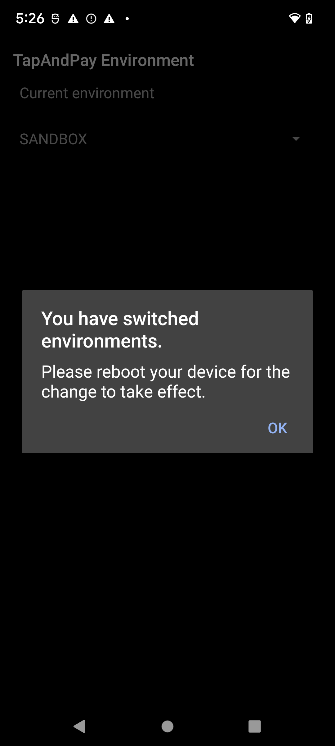 Screenshot della conferma della modifica dell&#39;ambiente