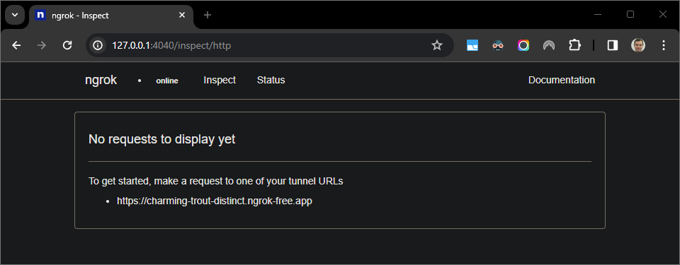 The web interface hosted by the ngrok application showing no HTTP requests.