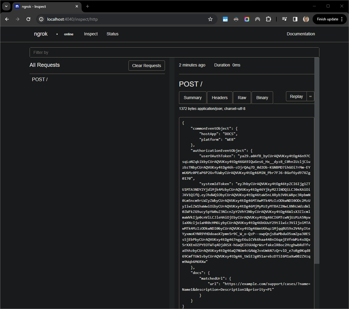 The HTTP request from the web interface hosted by the `ngrok`
application