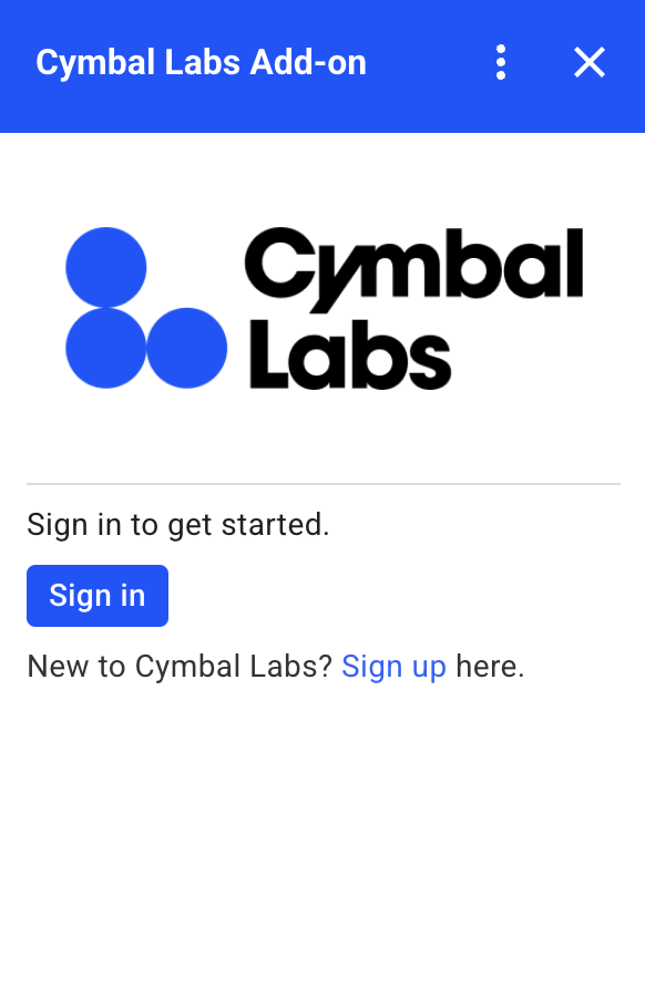 Una tarjeta de autorización personalizada para Cymbal Labs que incluye el logotipo, una descripción y un botón de acceso de la empresa