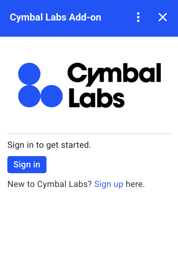 Niestandardowa karta autoryzacyjna Cymbal Labs z logo firmy, opisem i przyciskiem logowania.