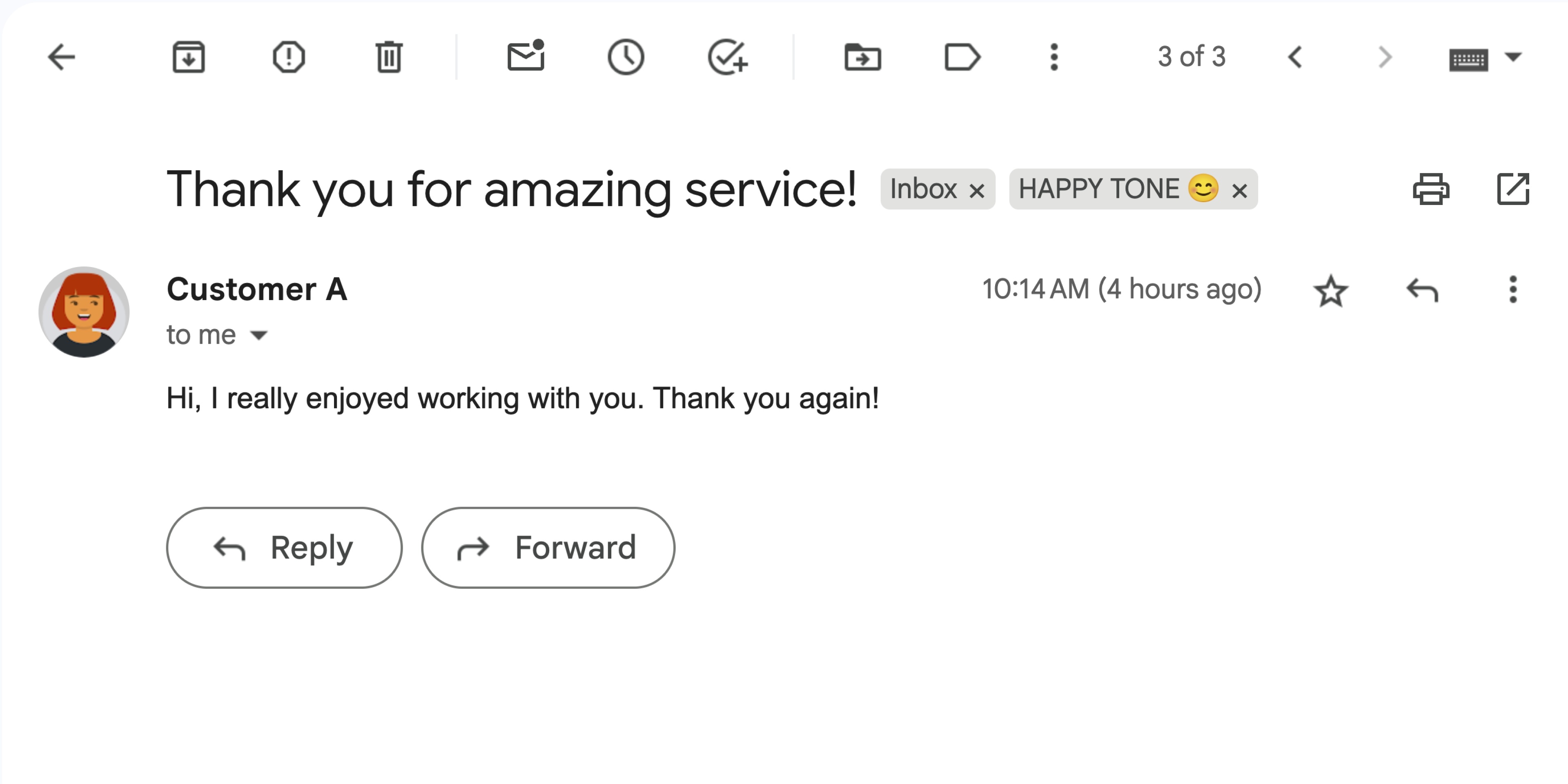 一封带有积极情绪的 Gmail 邮件。