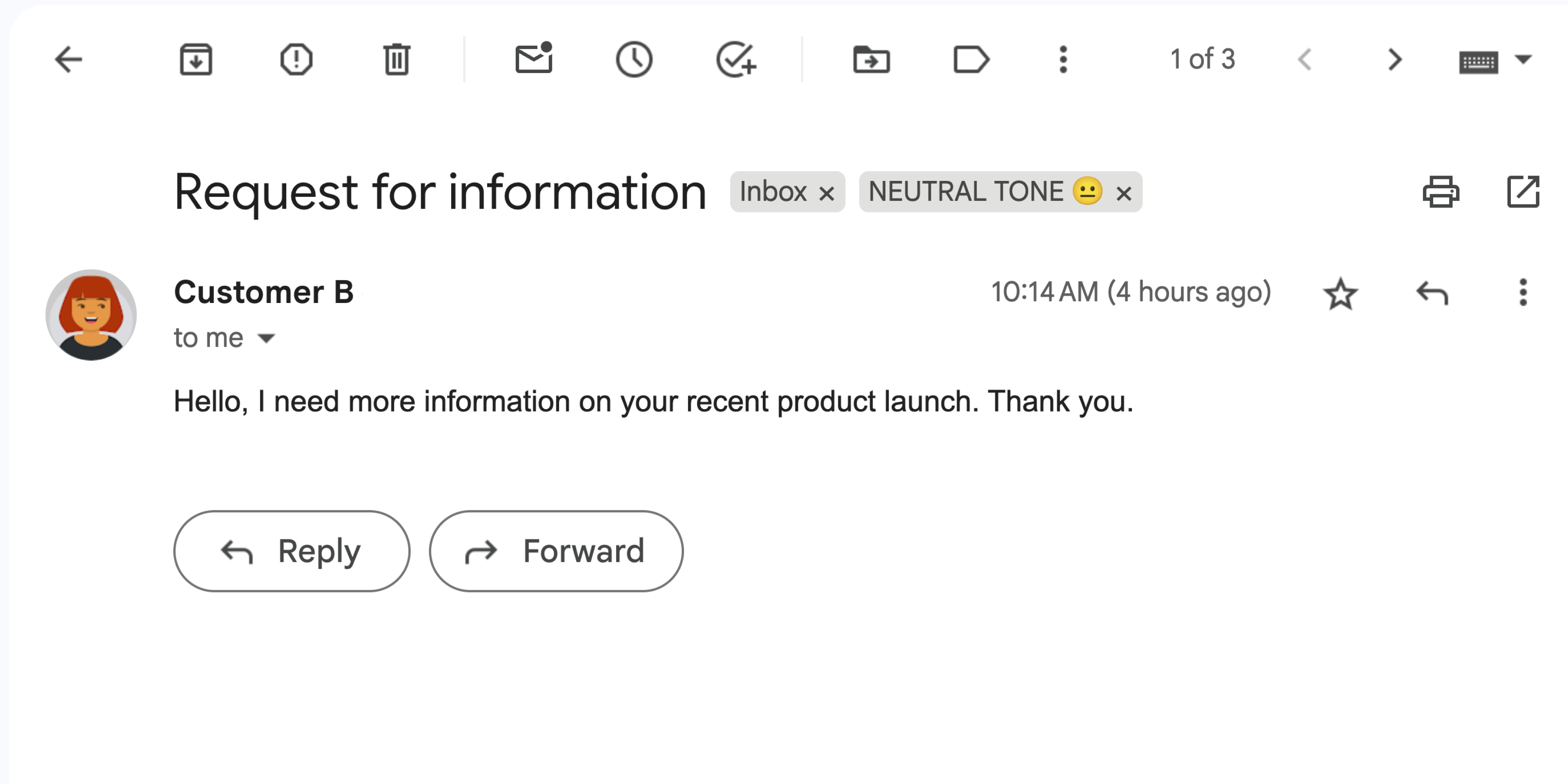 一条具有中性情感的 Gmail 邮件。