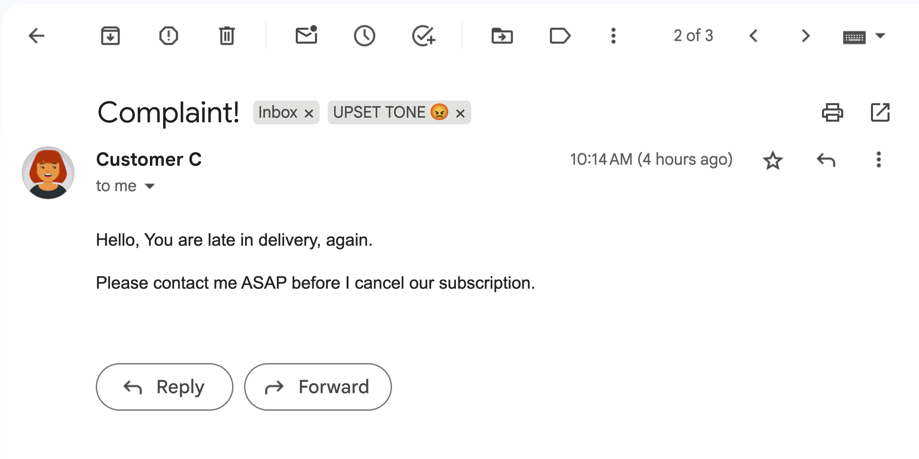 一封包含负面情绪的 Gmail 邮件。