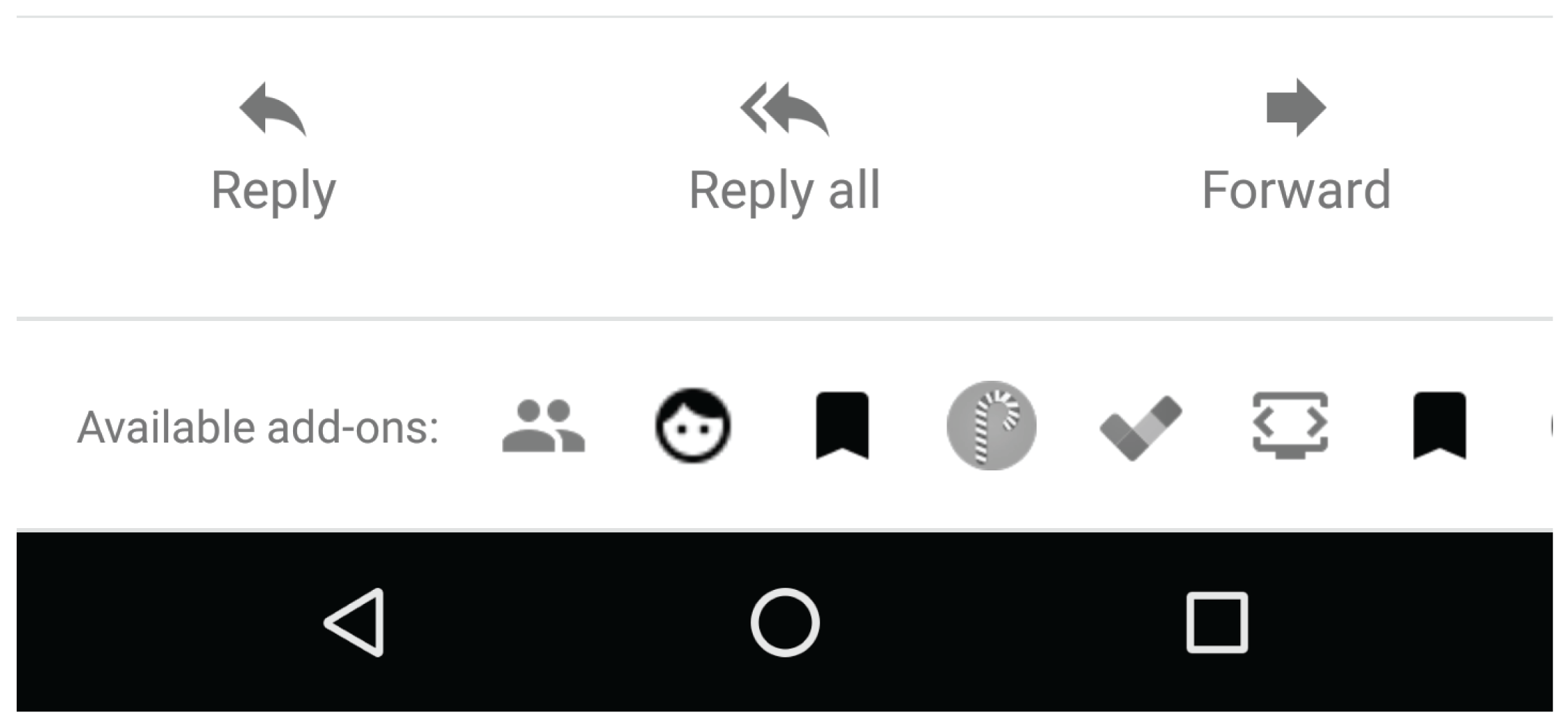 Les icônes des modules complémentaires installés s'affichent en bas d'un message Gmail sur mobile.