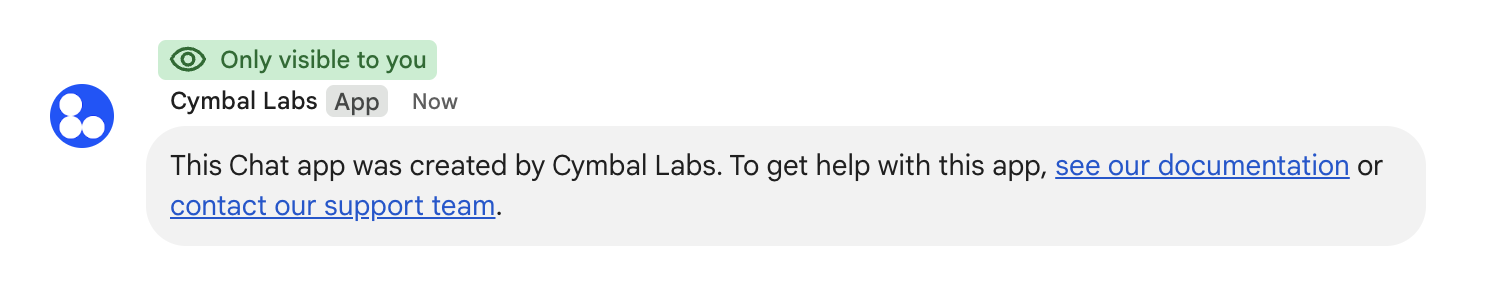 Cymbal Labs Chat 应用的私信。该消息指出 Chat 应用由 Cymbal Labs 创建,并分享了指向文档的链接和指向支持团队的联系链接。