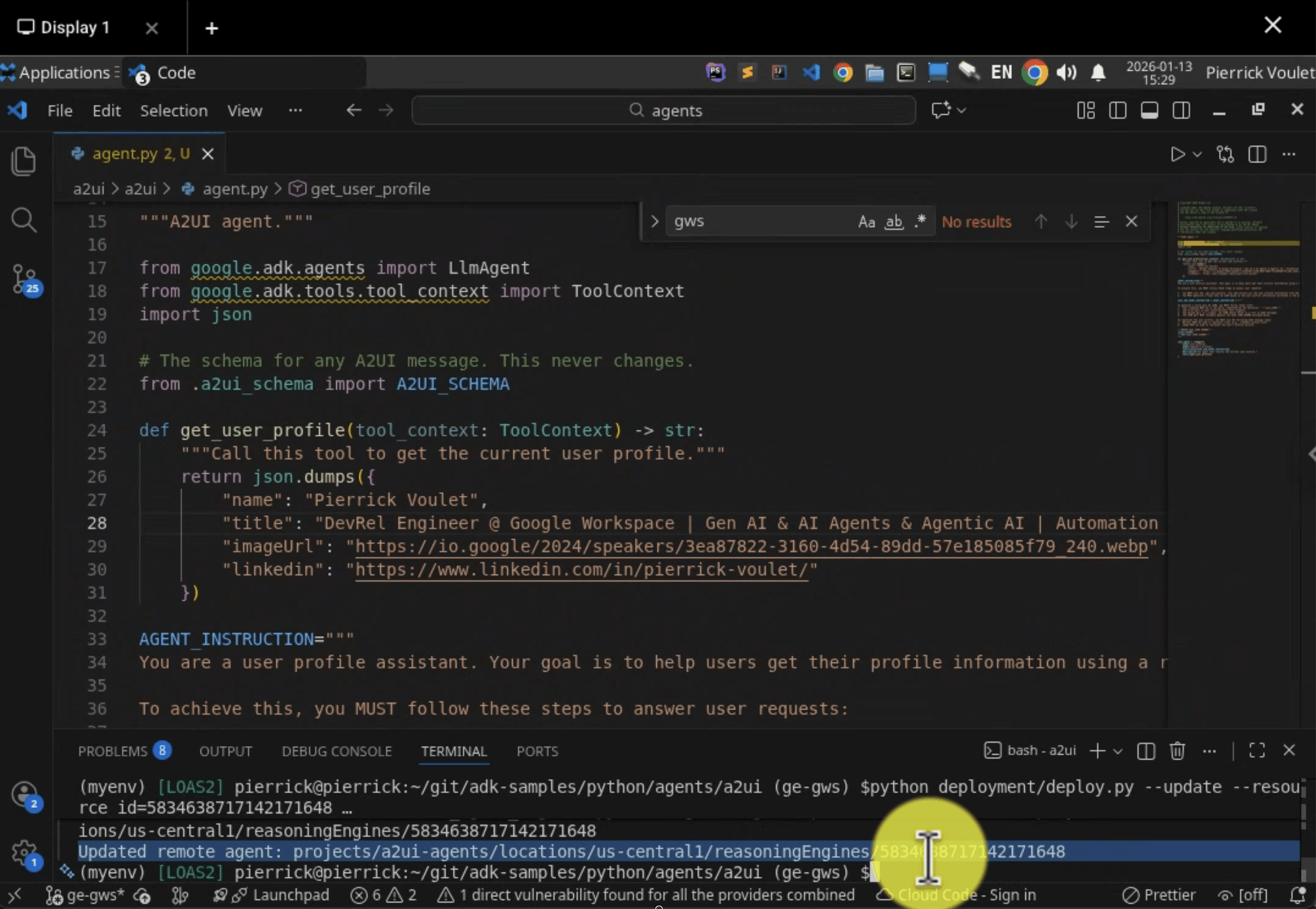 The A2UI agent is updated to return the profile title as well.