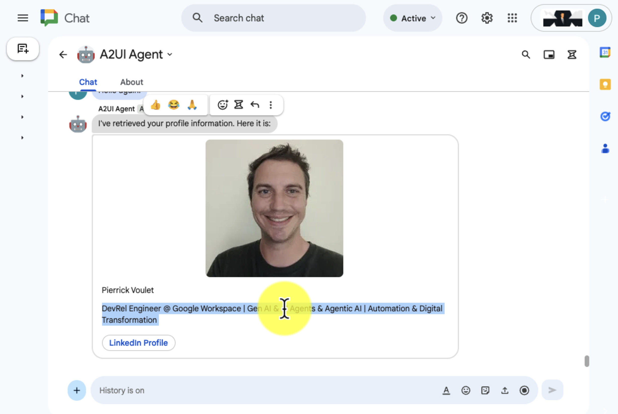 L'agente A2UI risponde all'utente con un messaggio che mostra il nome del profilo nella scheda.