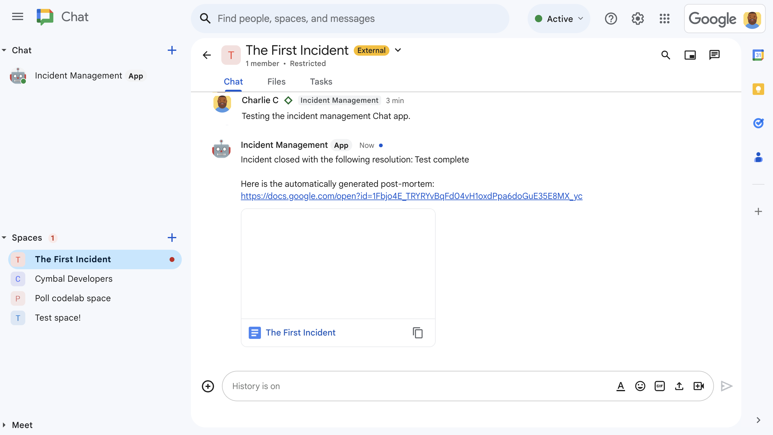 Document Google Docs sur la résolution de l&#39;incident partagé dans l&#39;espace.