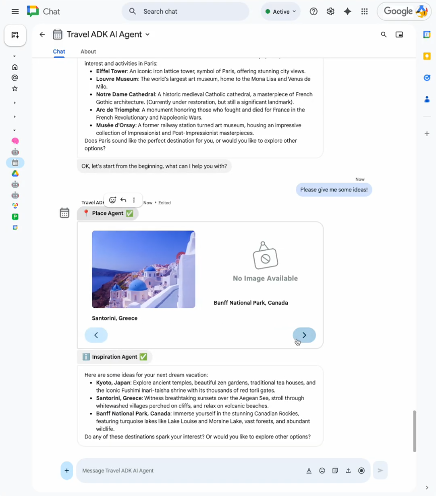 使用 Chat 中的 AI 智能体集思广益，激发旅游创意。