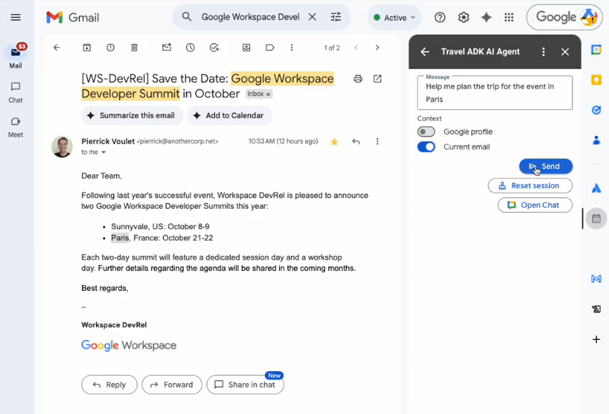 Using the AI agent from Gmail to plan a travel from the context in the selected email.