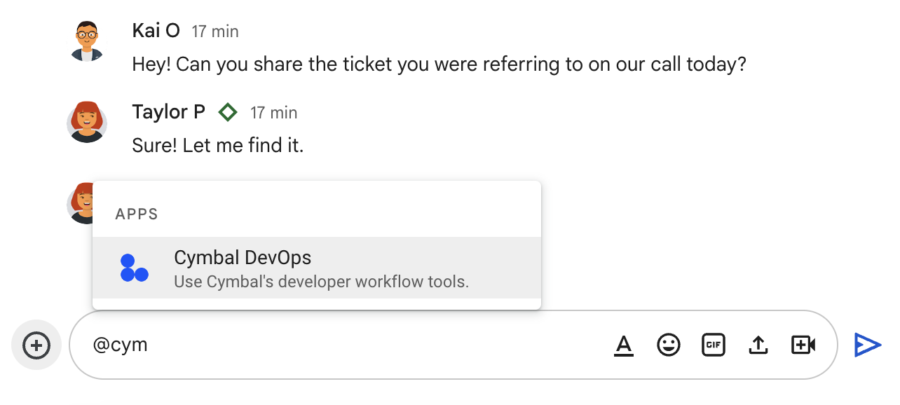 Dodawanie aplikacji do pokoju w Google Chat przez wpisanie @ w wiadomości.