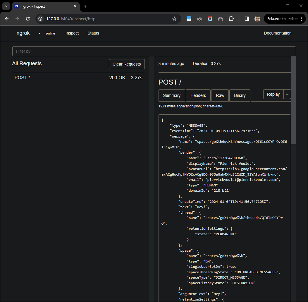 La richiesta HTTP dall&#39;interfaccia web ospitata dall&#39;applicazione `ngrok`
