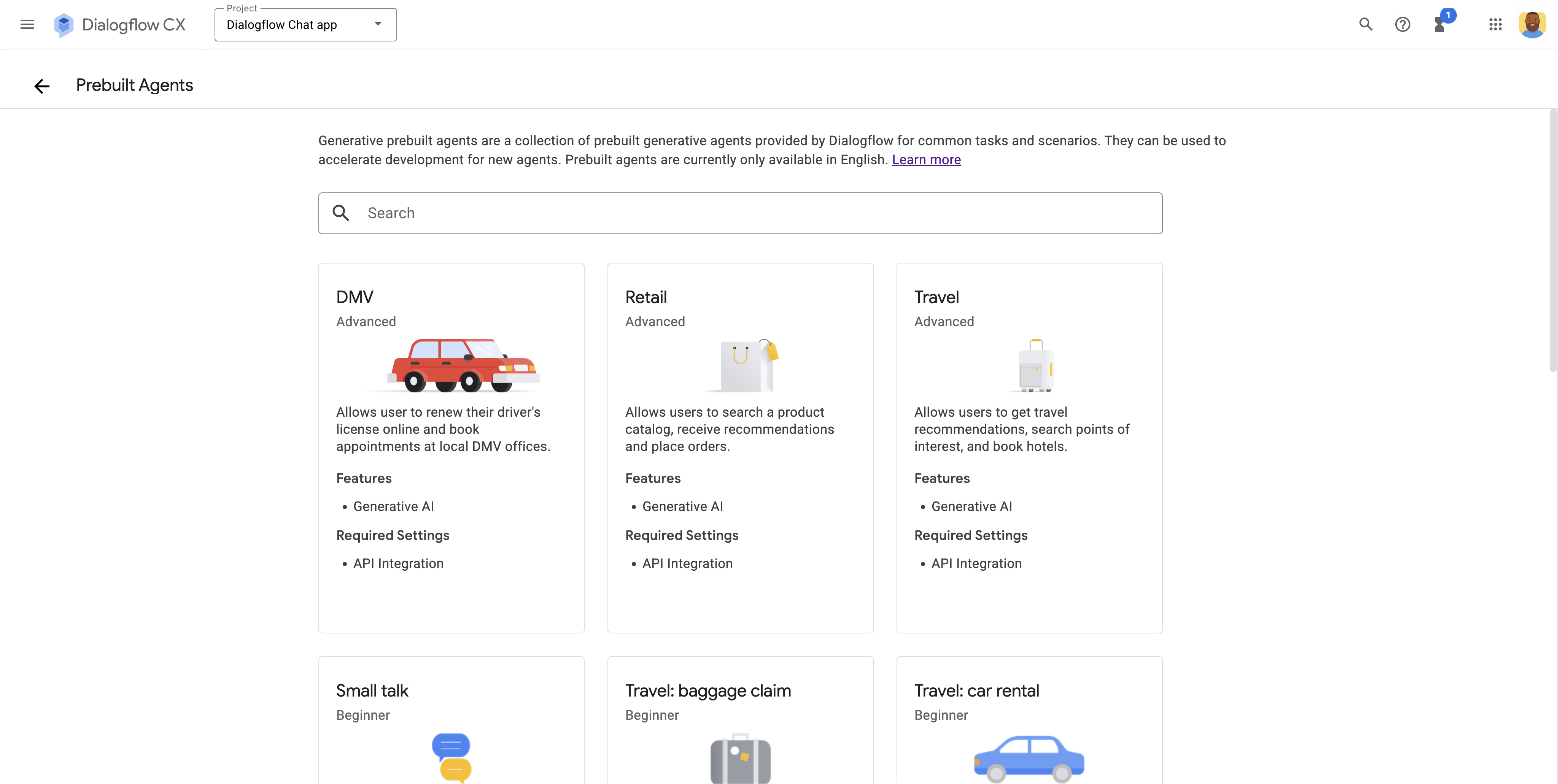 预建 Dialogflow 代理选择页面。