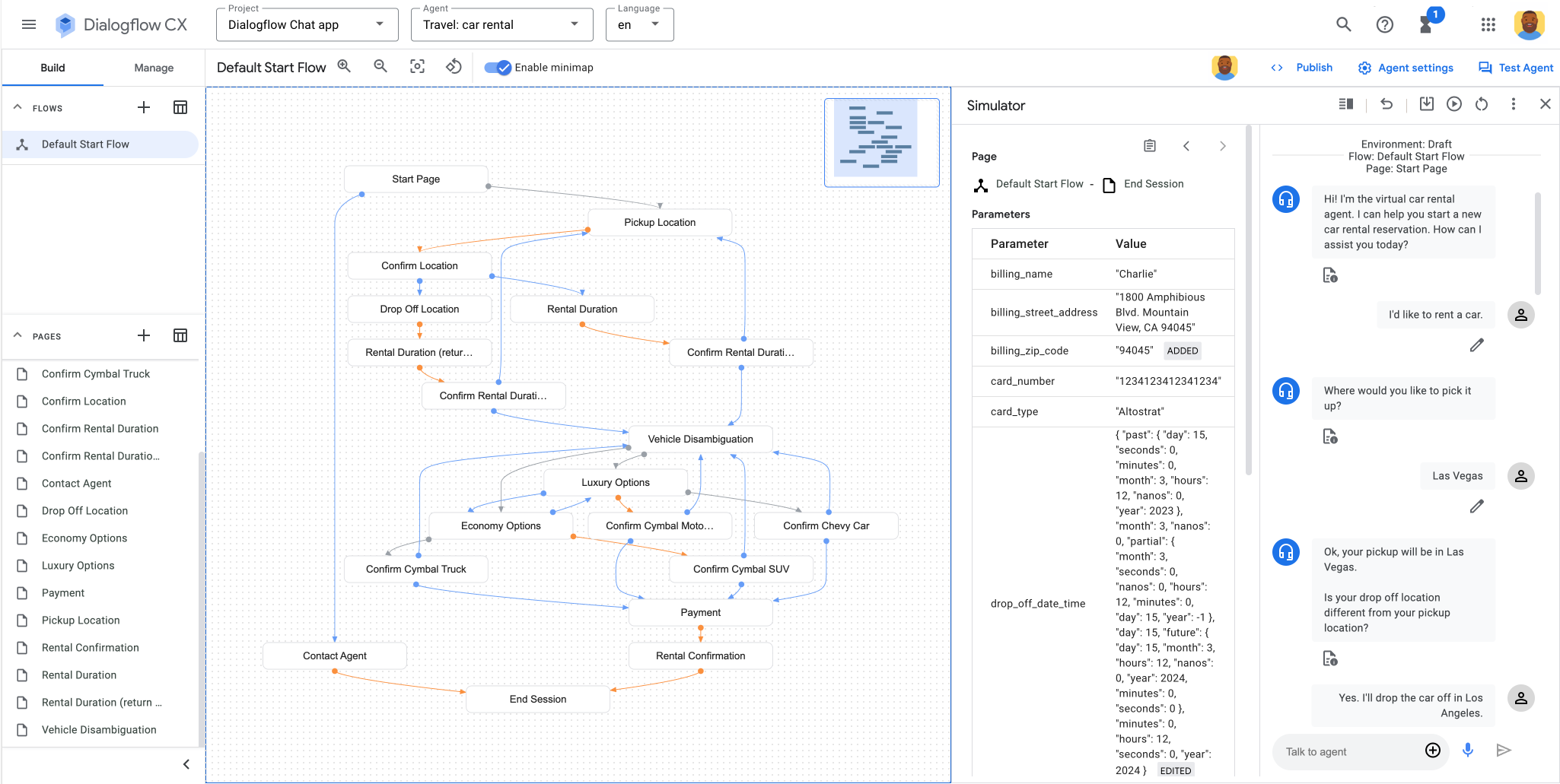 Test dell&#39;agente in Dialogflow CX.