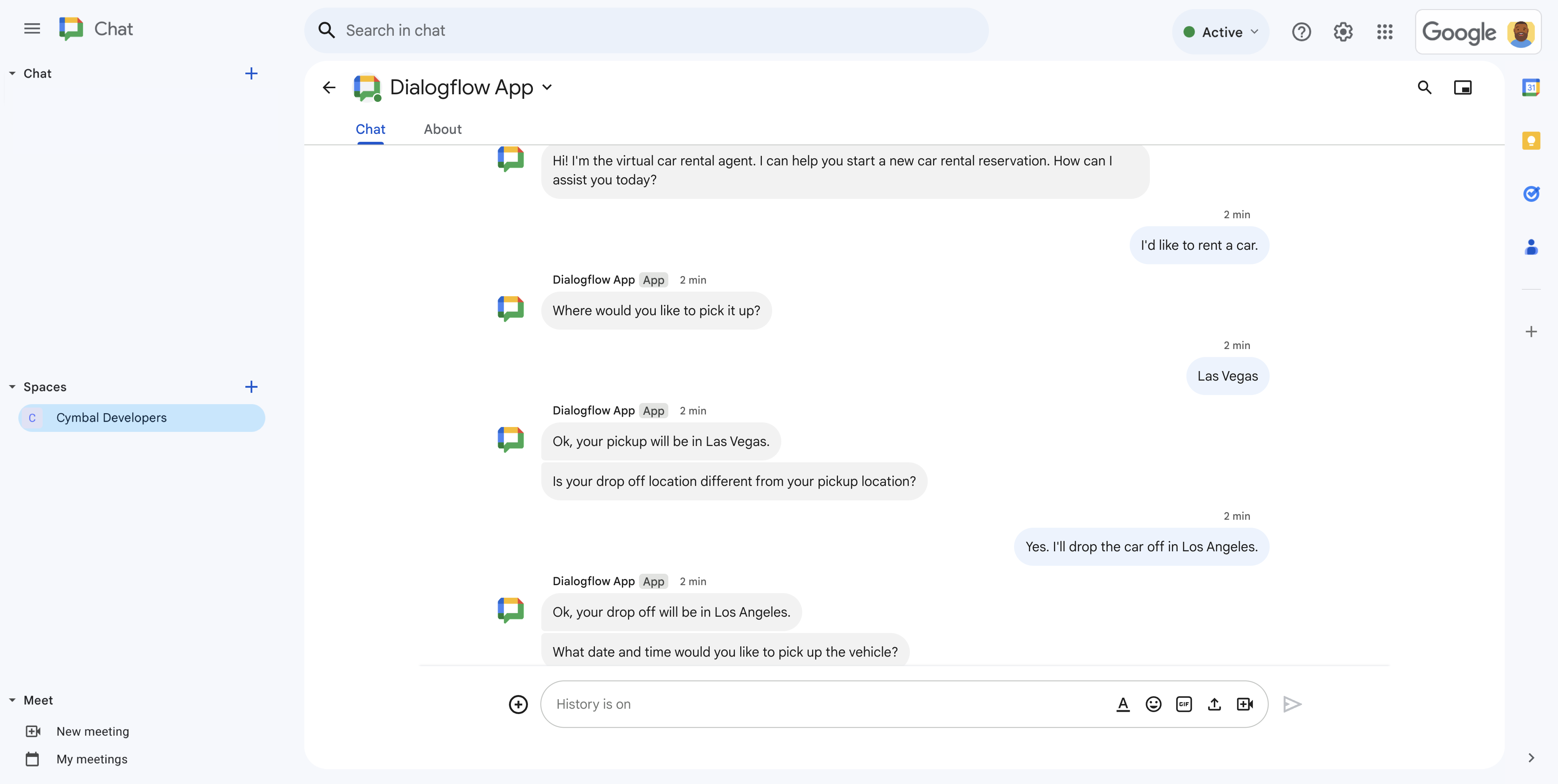 Cómo probar la app de Chat de Dialogflow CX