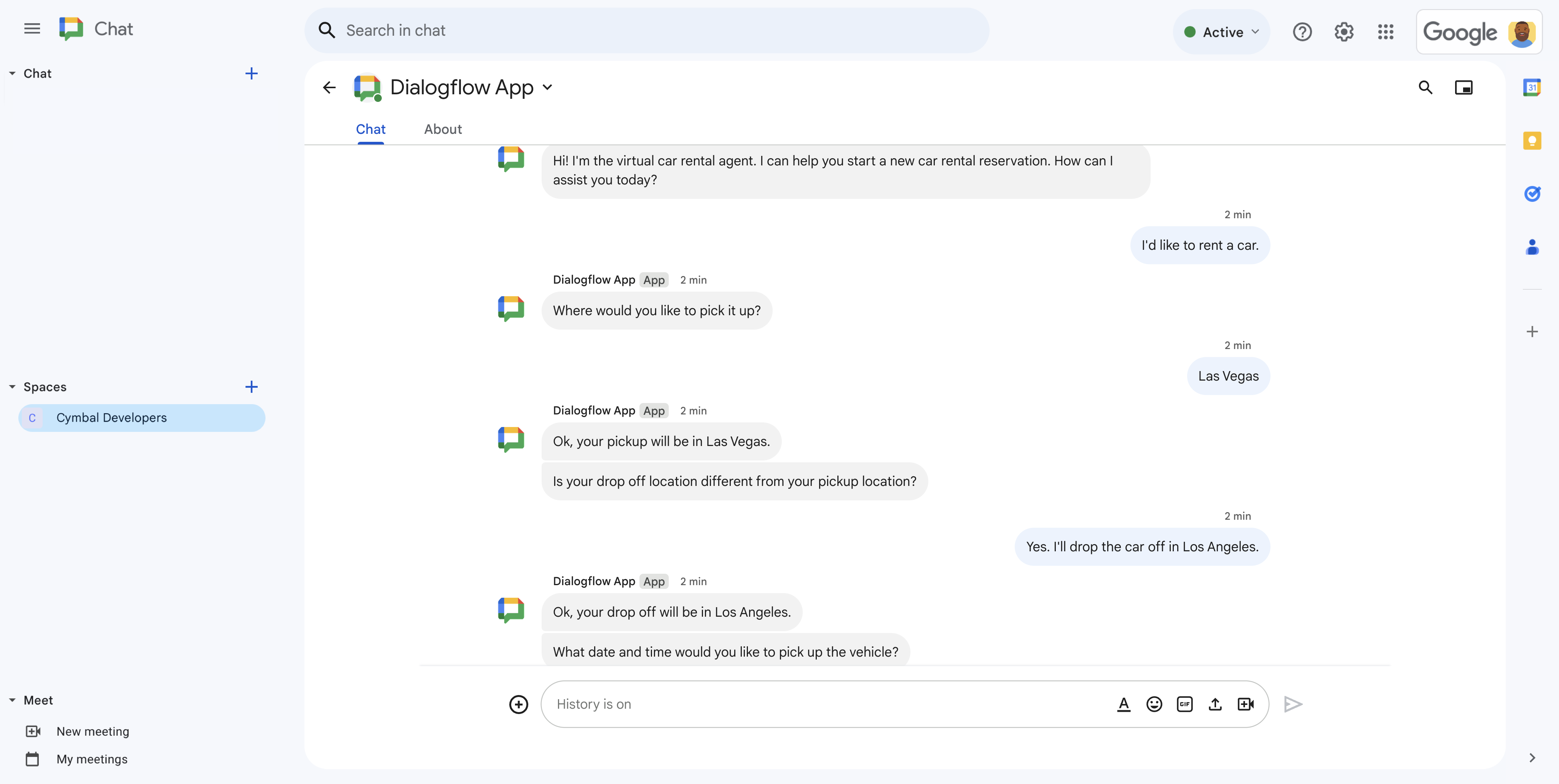 Testowanie aplikacji Google Chat Dialogflow CX