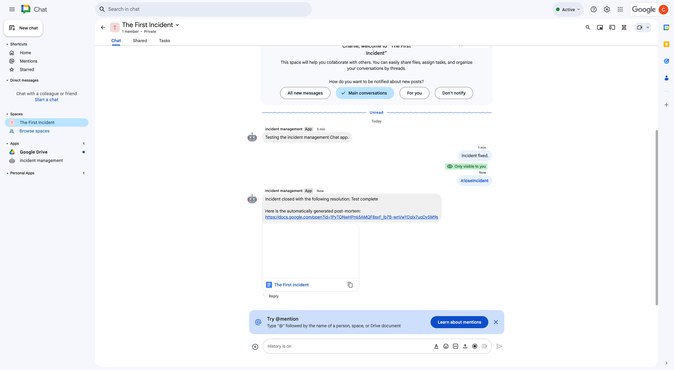 在聊天室中共享的突发事件解决情况 Google 文档。