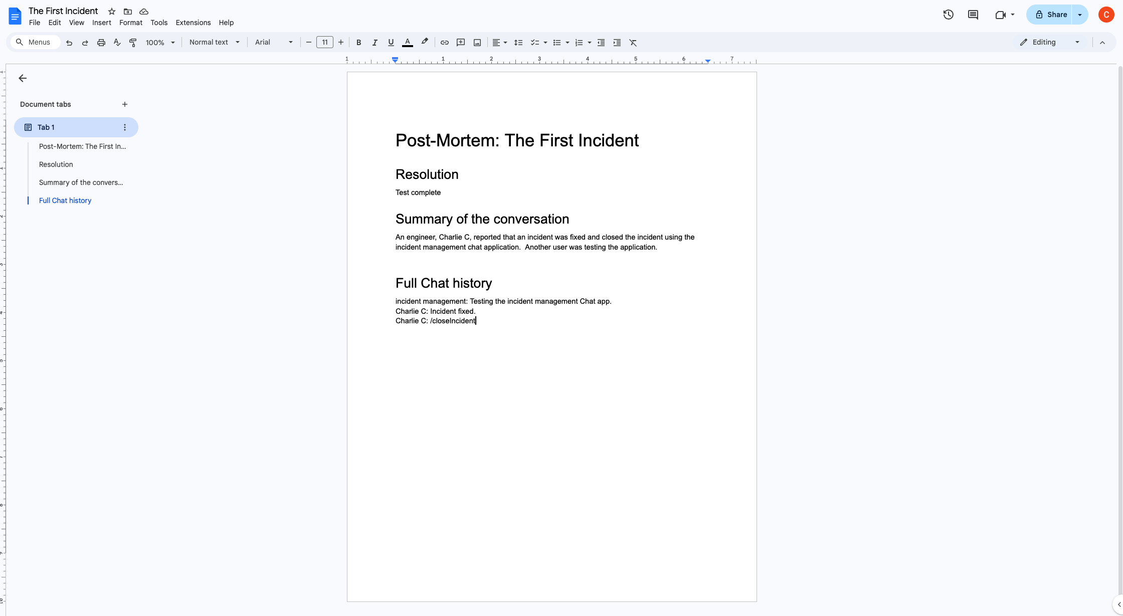 The AI summary incident resolution Google Doc.