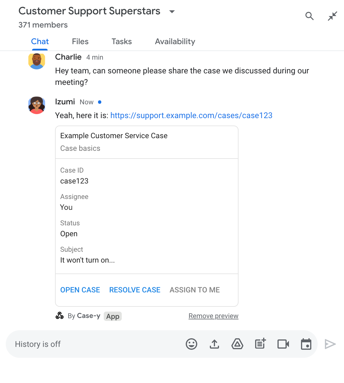 App de chat mostrando a prévia de um link com uma versão atualizada de um card anexado a uma mensagem