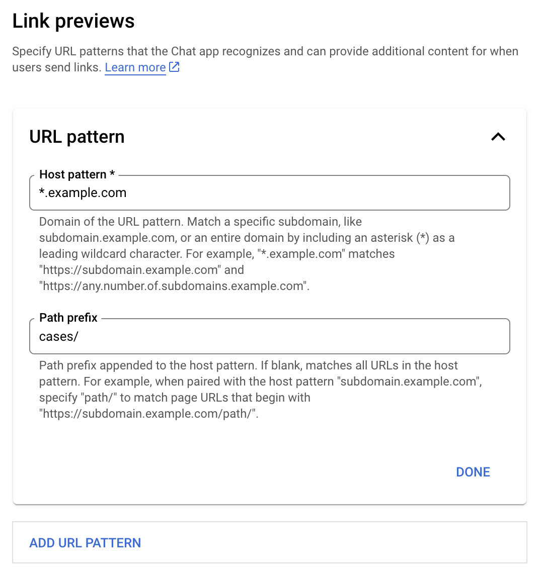 Меню настроек предпросмотра ссылок