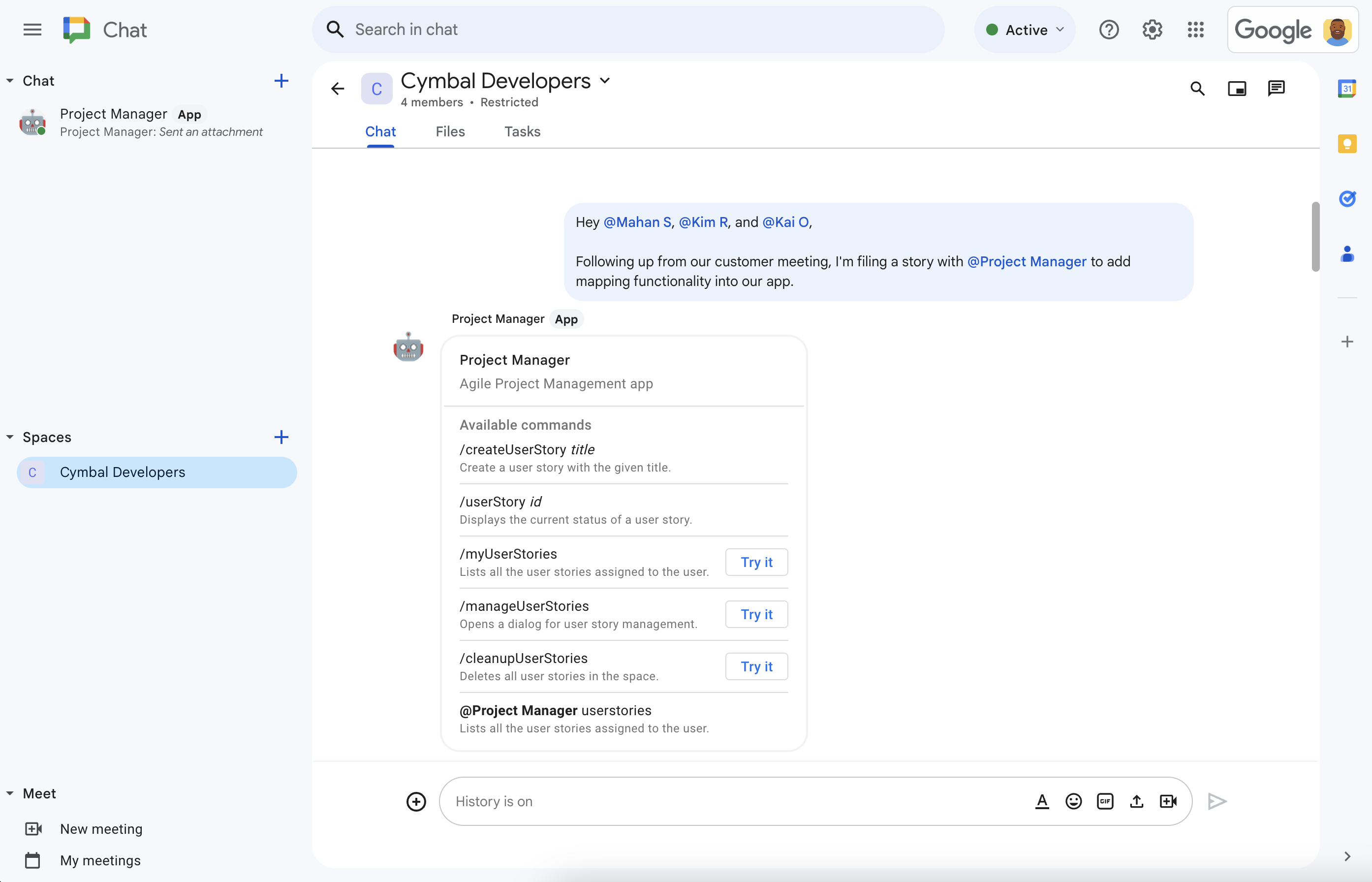 प्रोजेक्ट मैनेजमेंट ऐप्लिकेशन का नाम लेने पर, ऐप्लिकेशन मदद करने के लिए प्रॉम्प्ट करता है.
