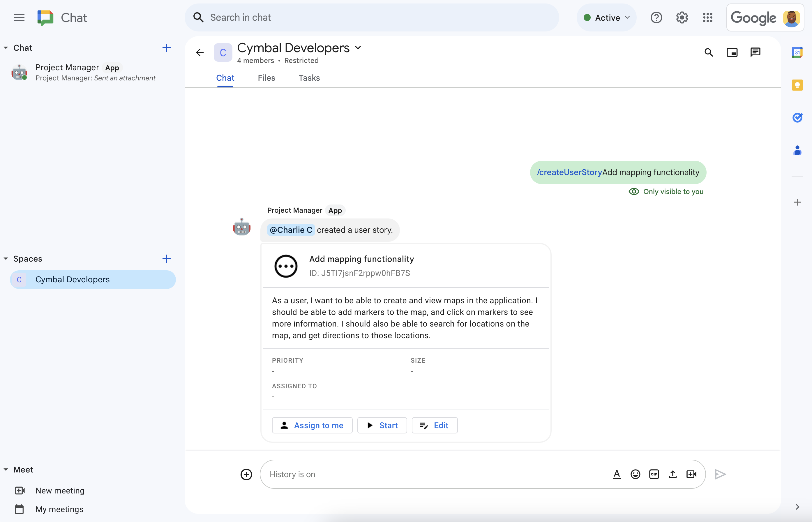 项目管理聊天应用使用 Vertex AI 撰写故事说明。
