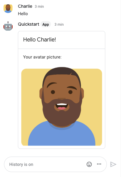 Una app de Chat responde con una tarjeta que muestra el nombre visible y la imagen de avatar del remitente.