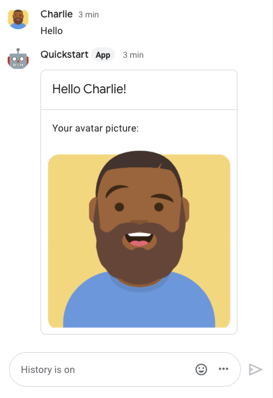 Application Chat répondant avec une carte sur laquelle figurent le nom à afficher et l&#39;avatar de l&#39;expéditeur