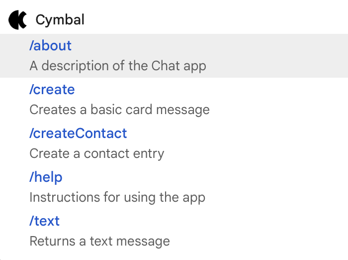选择一个斜杠命令以与 Chat 应用互动。