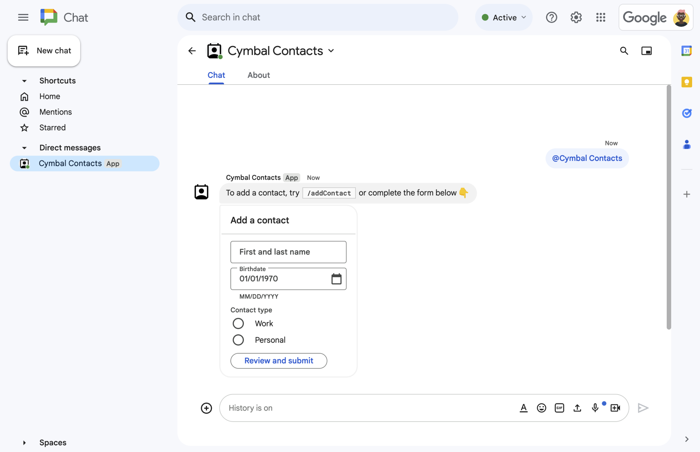 Card message with form input widgets.